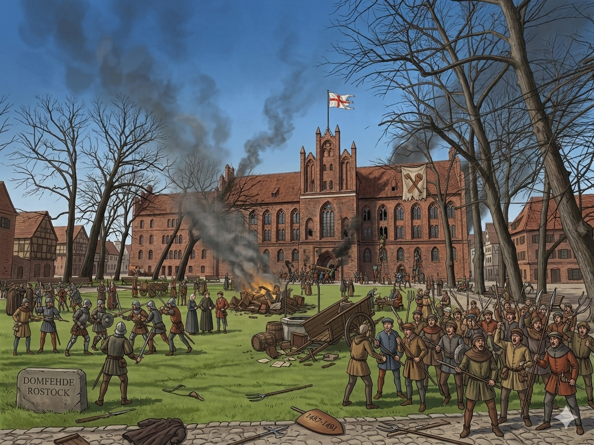 Darstellung der Rostocker Domfehde mit Bürgeraufstand