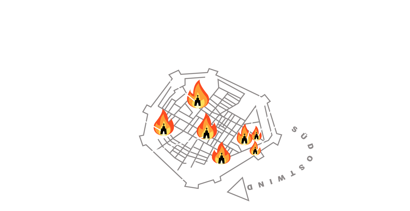 Karte der beim Rostocker Stadtbrand 1677 betroffenen Kirchen: Jakobikirche, Brökker-Stiftung, Katharinenkirche, St.-Jürgen-Spital, Marienkirche, Petrikirche und Nikolaikirche mit Südostwind-Richtung